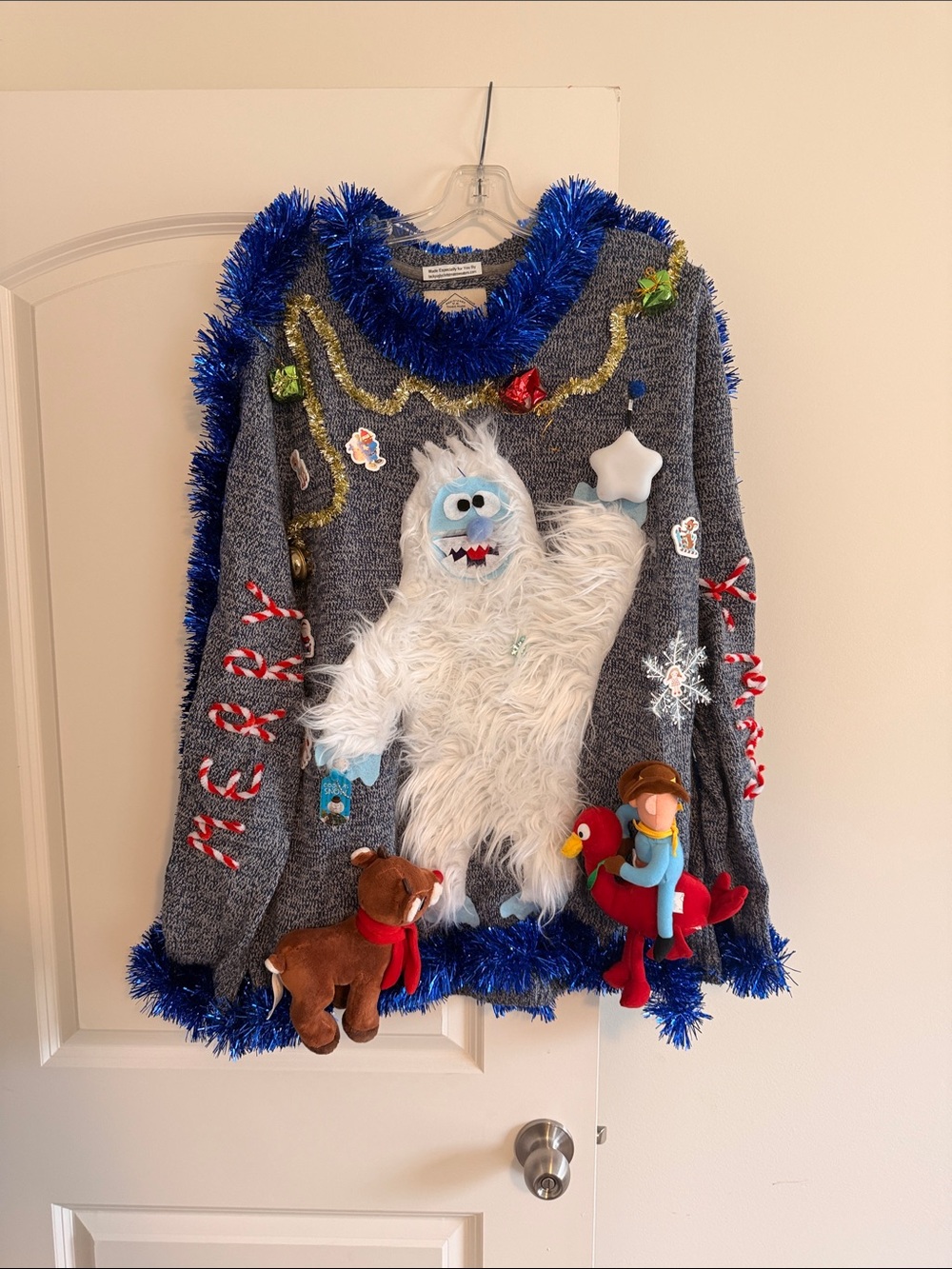 Handmade Holiday Yeti Sweater with Plush Accents - Gray & White